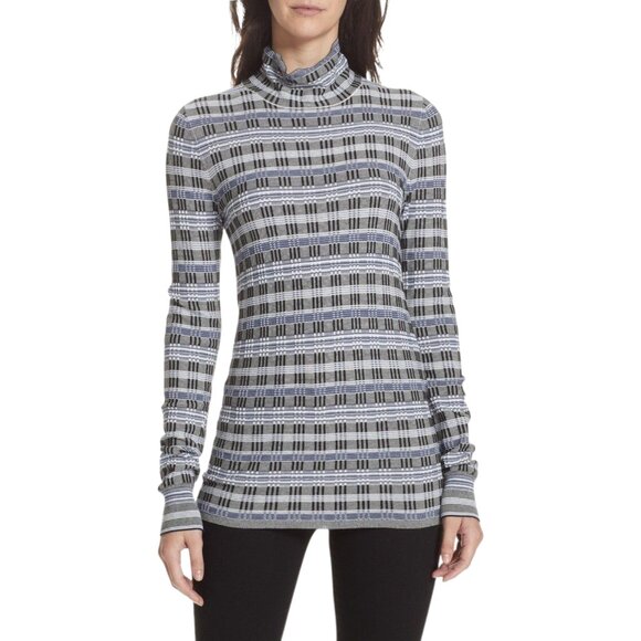 THEORY Women Fitted Turtleneck P XS Blue Plaid Textured Thin Knit Long Sleeve - Picture 1 of 9